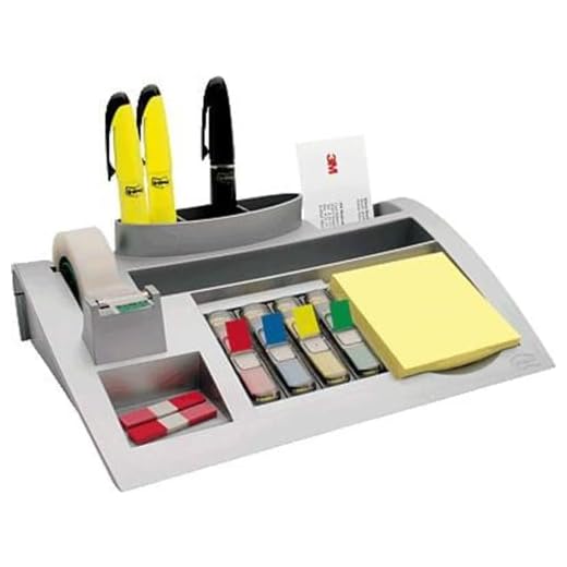 3M Post-it C50 - Organizador de escritorio - Incluye 1 bloc de notas, 4 x 35 Marcadores Index y 1 cinta adhesiva Scotch Magic - Dispensador de notas - Portalápices - color plateado