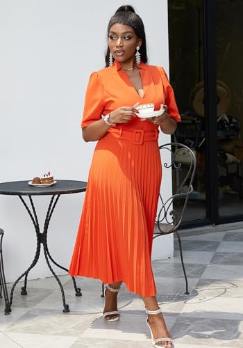 HuiSiFang Women's Elegant Pleated Dress Dressy Short Sleeve Elegant Formal A Line Dresses with Belt3