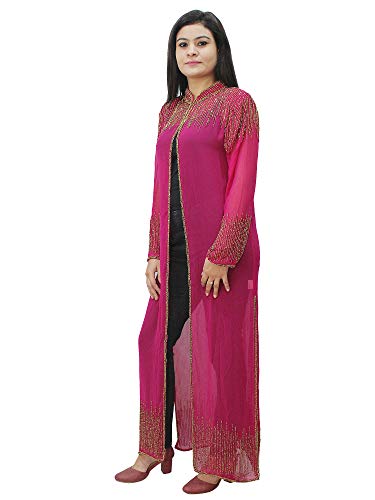 Image of Matelco Women Georgette Floor Length Hand Embroidered Embellished Longline Front Open Shrug Dress