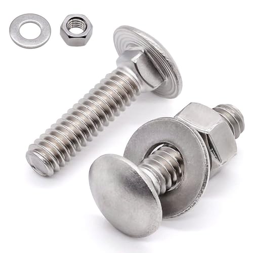 Image of (10 Sets) M6-1.0 x 12mm Stainless Steel Carriage Bolts Screws Kits, Round Head Square Neck Screws, Hex Nuts & Flat Washers, 304 Stainless Steel 18 /8, Full Thread