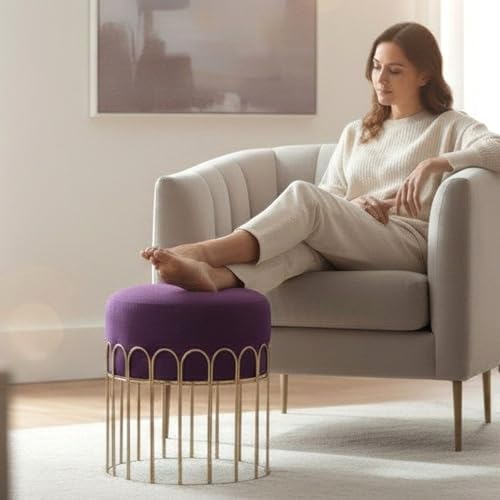 Image of Premium Gold Metal Ottoman Pouffe Stool & Footrest for Living Room & Bedroom | Wine Soft & Classy Mosha Fabric with Arch Frame | 18 inch Height | Luxury Multipurpose Furniture & Home Decor