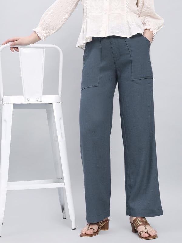 Image of GO COLORS Solid Linen Cargo Pants for Women | Full Length, Mid Rise, Side Pockets