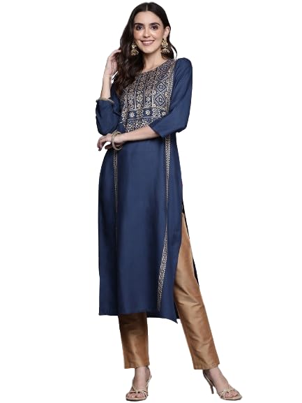 Image of Varanga women peach straight kurta with gold print