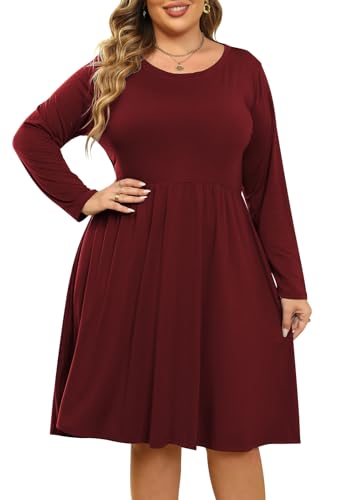 Image of Nemidor Women's Round Neck Long Sleeve Casual Plus Size Fit and Flare Midi Dress with Pocket NEM169