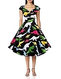 Hanpceirs Women's Cap Sleeve 1950s Retro Vintage Cocktail Swing Dresses with Pocket Dinosaur L