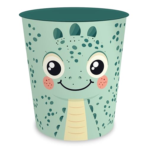 itenga Papierkorb für Kinder mit Tier Motiv - Kawaii Design - rund ca. 11 Liter - Mülleimer fürs Kinderzimmer - stabiler Kunststoff (Dino)