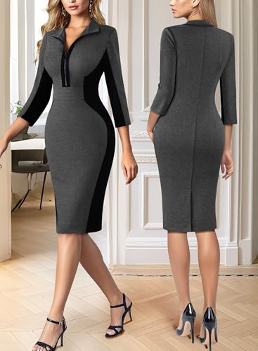 VFSHOW Womens Professional Work Business Casual Office Front Zipper Colorblock Fitted Pencil Sheath Dress3