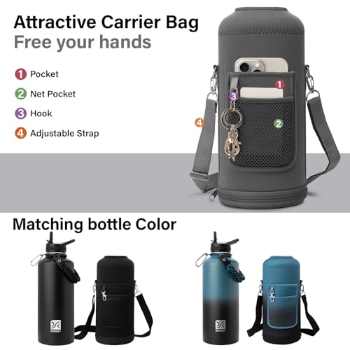 Insulated Water Bottle | Thickened Stainless Steel for Gym and Hiking with Straw, Carrier Bag, Handle Strap | BPA-Free 87 oz