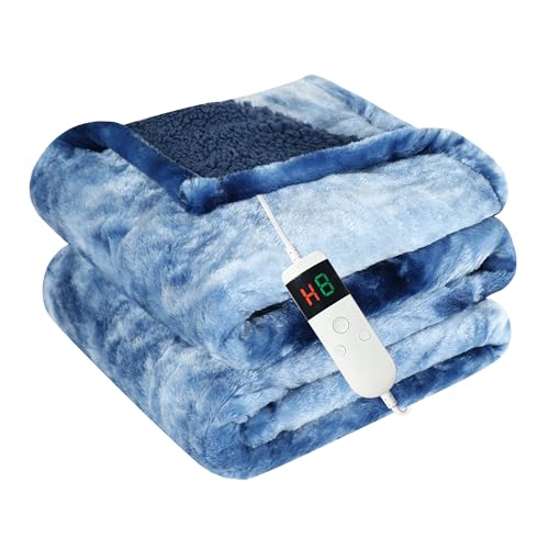 Cushious Electric Heated Blanket Throw 50x60Size Faux Fur Heating Blanket 10 Heating Settings 1-8h Timer & Overheat Protection Machine Washable Soft Flannel and Sherpa Full Body Warmth