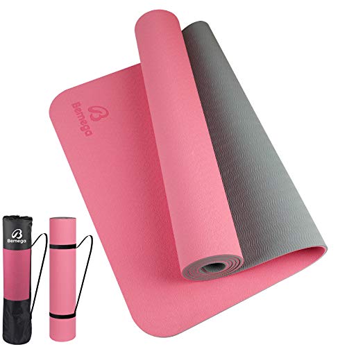 Bemega ヨガマット トレーニングマット tpe エクササイズマット 6mm ストレッチマット 軽量 両面の滑り止め 折りたたみ 収納ケース付 フィットネス ヨガ ピラティス (チェリーピンク＋グレー)