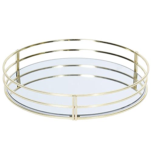 Rundes Tablett aus vergoldetem Metall und Spiegel - 30 x 5 cm Spiegeltablett Serviertablett Dekotablett Kerzentablett Aufbewahrungstablett Gold Organizer Vintage Schmucktablett