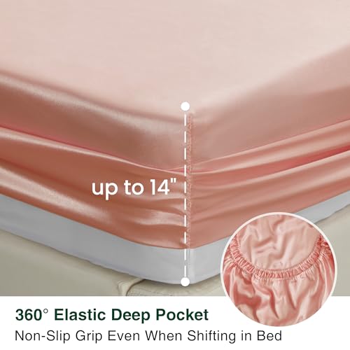 Love's cabin Satin Queen Sheets Set - 4 Piece Coral Silky Bed Sheets with Deep Pocket, Luxury Silk Feel Satin Queen Size Sheet Set (1 Flat Sheet,1 Fitted Sheet,2 Pillow Cases)