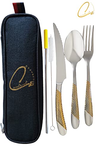 8 pieces Flatware Set, Hammered Silver & Gold 18/10 Stainless Steel, Silverware with Case, Kitchen Utensils Set, Serrated Knife, Spoon, Fork, Reusable Straw, Brush Cleaner, Titanium Plated, Food Grade