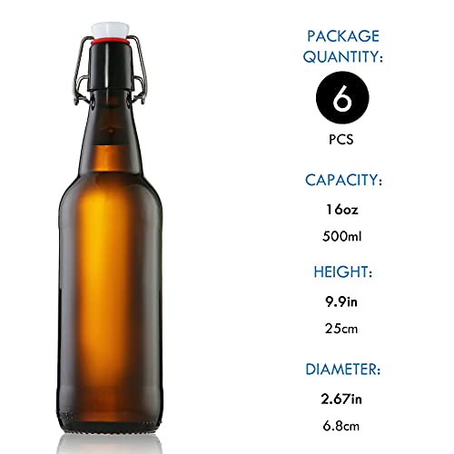 YEBODA 16 oz Amber Glass Beer Bottles for Home Brewing with Flip Caps, Case of 6