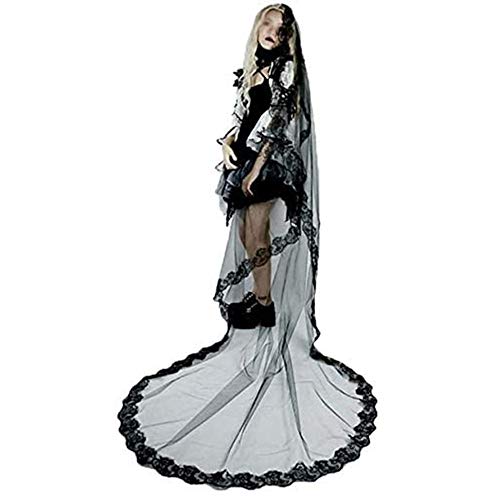 ZHIYI Bride Wedding Veil, Women Vintage 1 Tier Soft Tulle 3m Long Tailing Cathedral Length Black Bridal Veils With Lace Appliques Headpiece with 6PCS Black Hair Clips Gift (A), Small