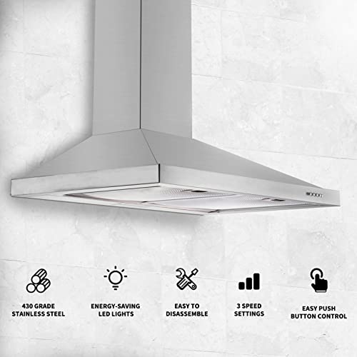 Wall Mount Range Hood 30 inch with Ducted/Ductless Convertible Duct, Stainless Steel Chimney-Style Over Stove Vent Hood with LED Light, 3 Speed Exhaust Fan, 450 CFM