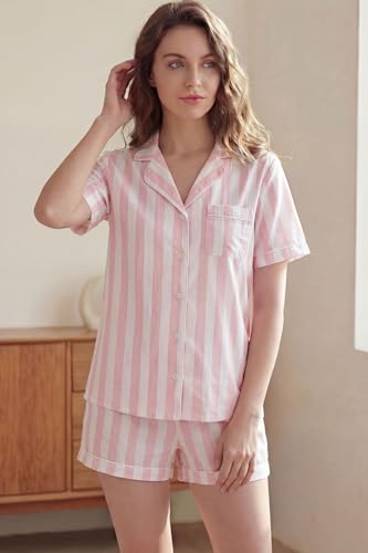 Image of LUBOT 100% Cotton Pajamas for Women 2 Piece PJ Set Poplin Woven Lightweight Ladies Button Short Sleeve Sleepwear S-XXL