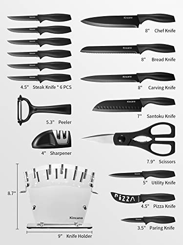 Knife Set, 17 Pcs High Carbon Stainless Steel Kitchen Knife Set For Chef, Super Sharp Knife Set With Acrylic Stand, Include Steak Knives, Sharpener And Scissors, Ergonomical Design By Kincano #TOP1