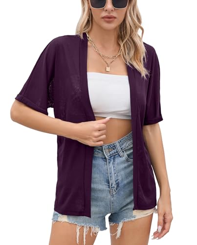 Image of Iandroiy Women's Lightweight Open Front Cardigans Casual Short Sleeve Blouse Tops
