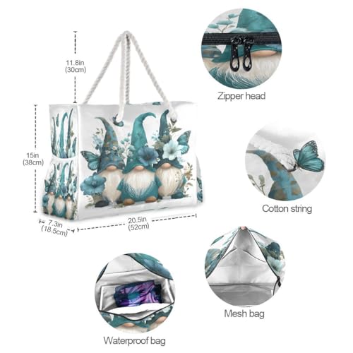 Large Beach Bags Totes Canvas Tote Shoulder Bag Butterfly Blue Flower Gnome Water Resistant Bags for Gym Travel Daily4