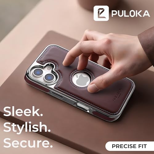 Image of PULOKA Chrome Leather Back Case - Compatible with iPhone 16 - Luxury Bumper Case - Flexible Vegan Leather - Electroplated Sides & Logocut - Full Camera Protetection & Raised Edges - Brown