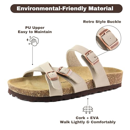 Women Cork Footbed Sandal Unisex, Comfortable Vegan Leather Slip On Summer Beach Sandal with Adjustable Buckle Strap, Casual Open Toe - Wide Fit2