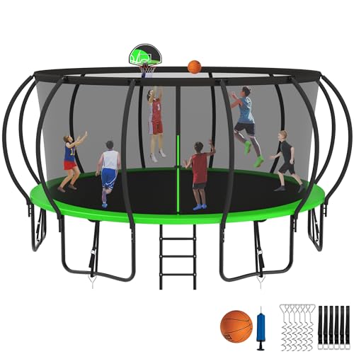 Jump Into Fun Tranpoline 12 FT Tranpoline 1200LBS for Adults 5 Kids, NoGapDesign Pumpkin Tranpolines W Enclosure Net, Basketball Hoop,Ladder,Stakes and Galvanized Anti-Rust Coating- ASTM CPC CPSIA