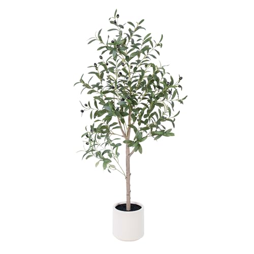 AQUGQ Olive Tree Artificial Indoor, 4ft Tall Silk Faux Olive Tree with White Planter, Artificial...