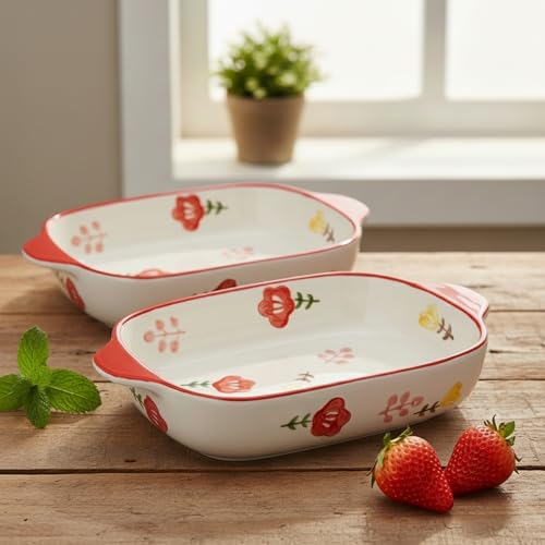 Image of Ceramics Rectangular Baking Dishes with Handle for Oven Ceramic Baking Pan Lasagna Casserole Pan Individual Bakeware, 600ml, Red, Pack Of 2