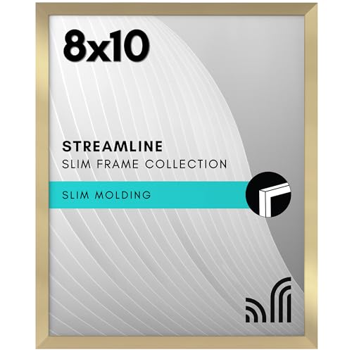 Americanflat 8x10 Picture Frame with Shatter-Resistant Glass - Streamline Collection - Thin Border Picture Frame for Tabletop and Wall Display - Hanging Hardware and Easel Stand Included - Gold