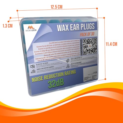 30pcs Reusable Silicone Wax Ear Plugs 32dB Noise Cancelling Earbuds for Sleeping, Hearing Protection, Travel, Concerts, Swimming - Comes with a Durable Plastic Case - by Mobi Lock