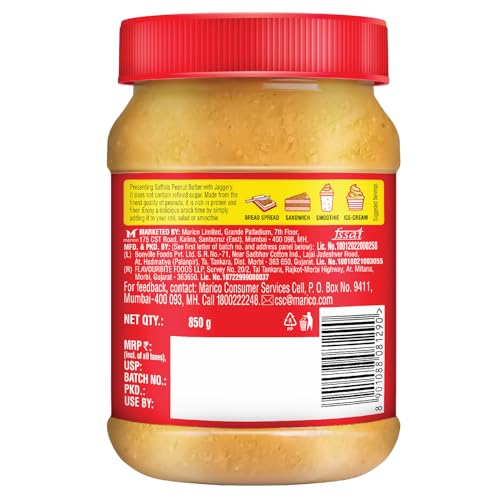 Image of Saffola Peanut Butter with Jaggery, Crunchy 850 gm | High Protein Peanut Butter | No Refined Sugar (Pack of 3)