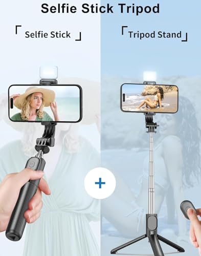 Image of Bouncefit R1S Extendable Selfie Stick with Wireless Bluetooth Remote and Tripod Stand, Rechargable LED Light, Compatible with iPhone /OnePlus /Samsung /Oppo /Vivo /Xiaomi and All Phones (70Cm)