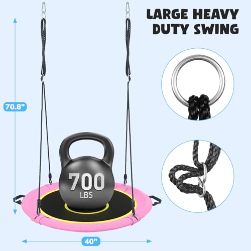 Hapfan 40\" Saucer Tree Swing for Kids and Adults, Disc Round Swing for Kids Outdoor with Swivel, UV-Resistant Textilene Fabric, 700 lb Weight Capacity, 9.8 FT Hanging Straps, 2-Year Warranty(Pink) - Thumbnail 2