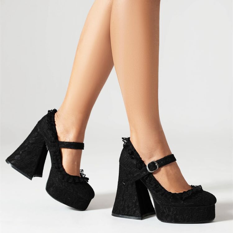 VERISSON Closed Toe Platform Mary Jane Pumps Round Toe Chunky High Heels Laces Buckle Strappy Pumps4