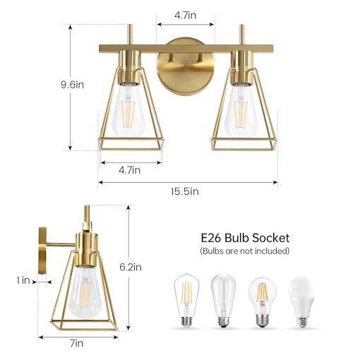 Image of Industrial Bathroom Vanity Lights: 2-Lights Brush Gold Vintage Metal Cage Wall Sconces - Rustic Farmhouse Lightning Fixture Over Mirrors Cabinet for Dressing Hallway