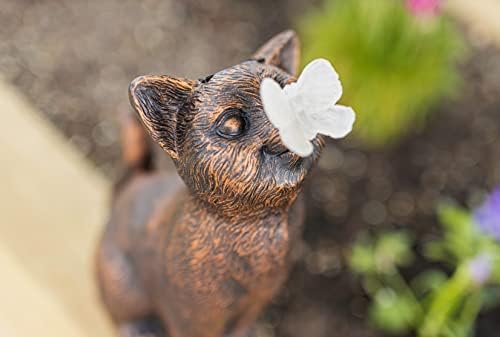garden mile Resin Cat Statue Garden Ornaments Outdoor with Solar Butterfly Durable Kitten Kitty Garden Animal Statue Weatherproof Sculptures for Garden Patio, Pond, Bedding Décor Outdoor Solar Lights