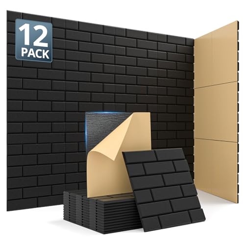 Image of Kuchoow Acoustic Wall Panels, Brick Pattern Peel and Stick Sound Absorbing Tiles for Walls, Ceiling, Door, Pared, 12 Pack 12 inchx12 inchx0.4 inch, Black Self Adhesive Decorative for Recording Studio, Room