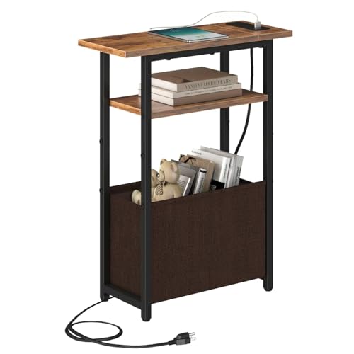 sthmec Narrow Side Table with Charging Station, Small End Table for Small Spaces, Skinny Nightstands with Storage Basket, 3 Tier Sofa Couch Bedside Tables for Living Room,Bedroom, Rustic Brown