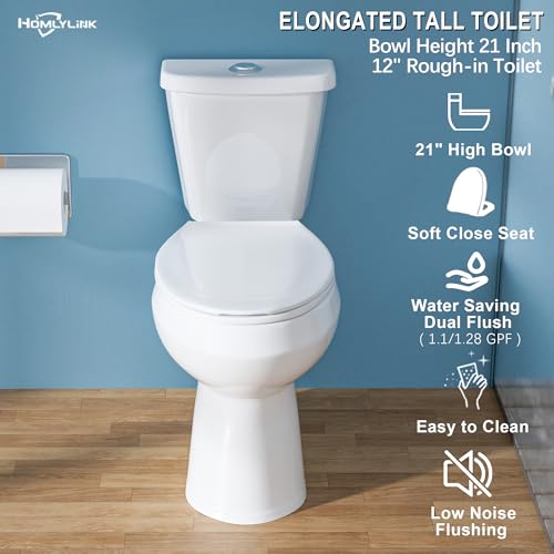 22 Inch Elongated Tall Toilet for Seniors, Extra High Toilet for Bathroom, Comfort Bowl Height 21 Inch, Seat Height 22", Two-Piece Dual Flush 1.1/1.6 GPF, 12 Inch Rough-in, White - Image 3