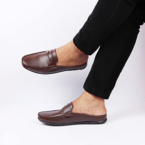 Image of FAUSTO Mens Formal Penny Loafer-Style Back Open Shoes | Casual Embossed Mule Design for Work, Party & Everyday Style | Soft Cushioned Insole