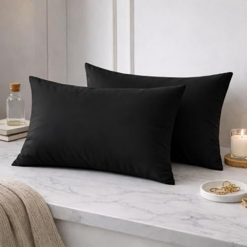 Image of 400TC Cotton Feel Glace Cotton Double Bed Elastic Fitted Bedsheet King Size Set || Includes 1 Solid Plain Fitted Bedsheet King Size with 2 Pillow Covers (78 x 72 Inches, Black)