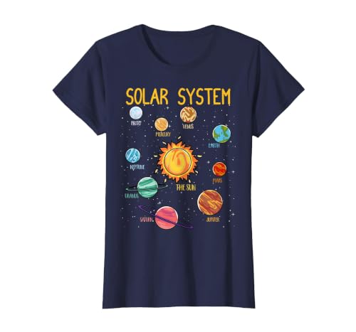 Solar System Planets Science Space Boys Girls STEM Kids T-Shirt, Women, Navy Blue, Large