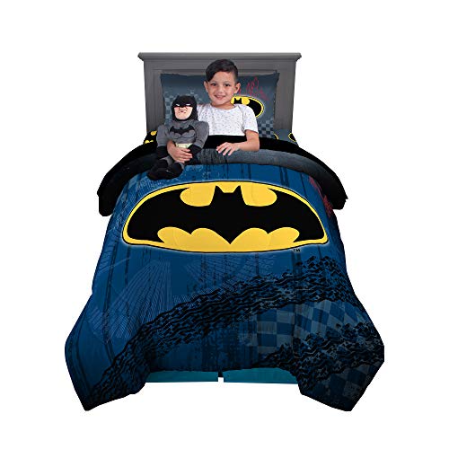 Franco Kids Bedding Comforter with Sheets and Cuddle Pillow Bedroom Set, 5 Piece Twin Size, Batman