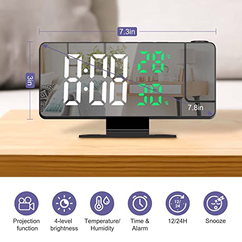 Jxtz Projection Alarm Clock, Alarm Clock Projection On Ceiling Wall, 7.8" Led Mirror Digital Clock With 4 Adjustable Brightness, Temperature & Humidity, Snooze, Clocks For Bedrooms, Home, Office #TOP1