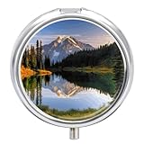 Pill Box Mountain and Lake Pictures Round Pill Case for Purse 3 Compartment Medicine Pill Organizer Portable Travel Pillbox Metal Small Pill Container Holder to Hold Vitamins Fish Oil Supplements