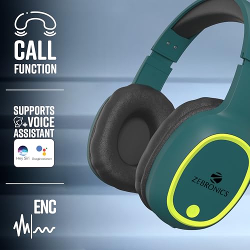 Image of ZEBRONICS Thunder Bluetooth 5.3 Wireless Over Ear Headphones with 60H Backup, Gaming Mode, Dual Pairing, Enc, Aux, Micro Sd, Voice Assistant, Comfortable Earcups, Call Function (Teal Green)