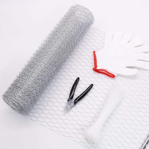 Malla Conejera Alambre Hexagonal Galvanizada 40cm x 6m Mallas para Gallinero para Bricolaje y decoración del hogar, con Mini Alicates de Corte y 1 Par de Guantes