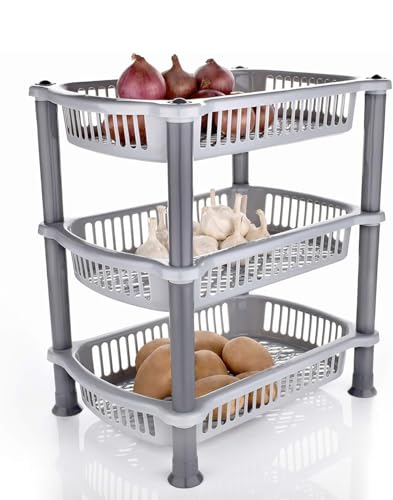 Image of Plastic 3 Layer Multi-Purpose Kitchen Storage Basket Rack|Vegetable Basket For Kitchen (colour : gray)