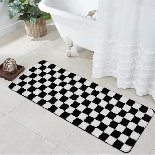 Image of Uphome Bathroom Runner Rug, Black and White Checkered Long Machine Washable Bath Mat Non Slip, 18x47 Water Absorbent Soft Microfiber Bath Rug for Tub, Shower, Floor